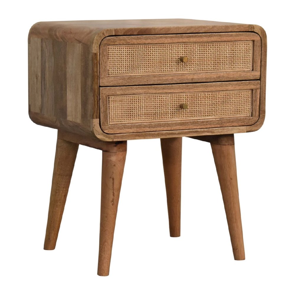 Oak Solid Wood and Cane Rattan Two Drawer Nightstand - 22-inch