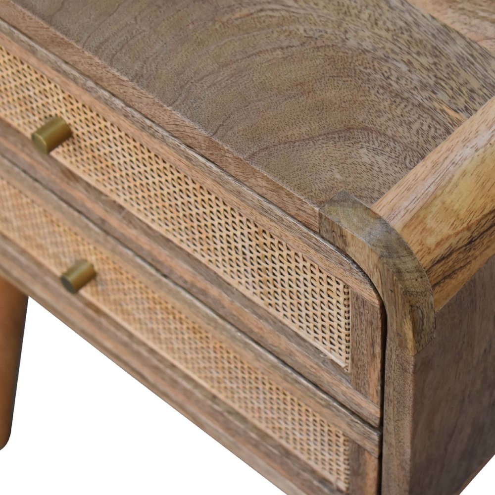 Oak Solid Wood and Cane Rattan Two Drawer Nightstand - 22-inch