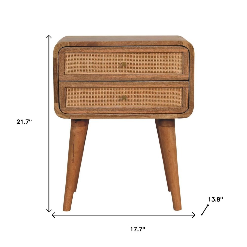 Oak Solid Wood and Cane Rattan Two Drawer Nightstand - 22-inch