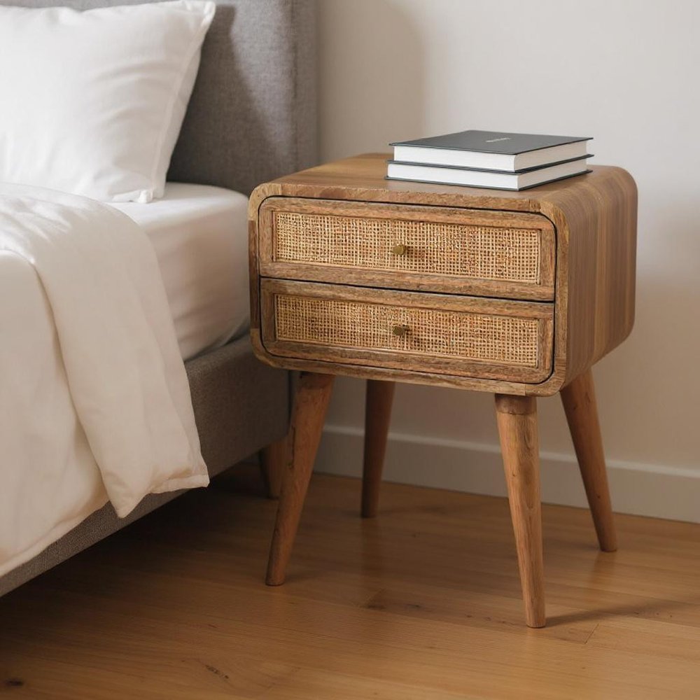 Oak Solid Wood and Cane Rattan Two Drawer Nightstand - 22-inch