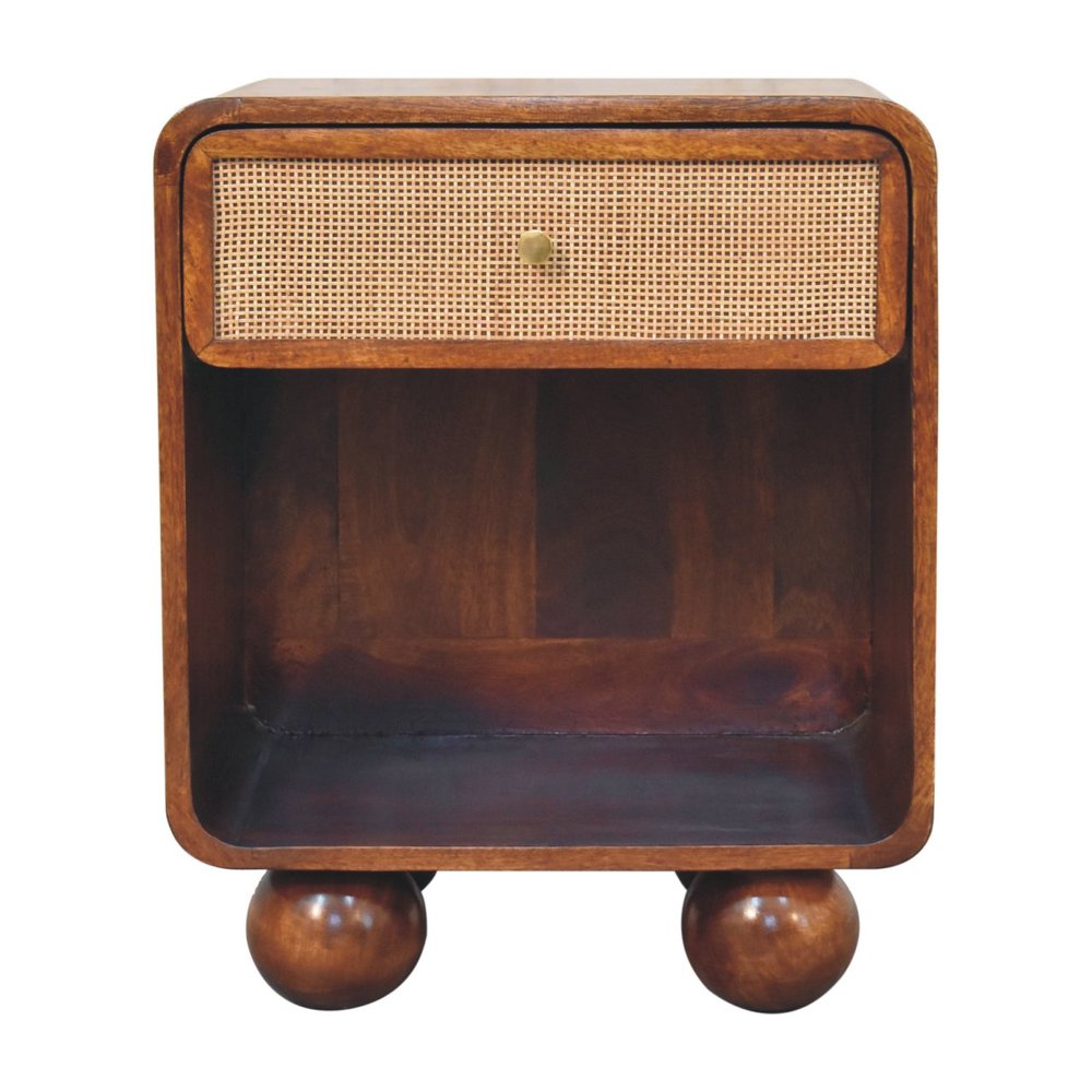 Chestnut Solid Wood Cane Rattan One Drawer Nightstand - 21-inch
