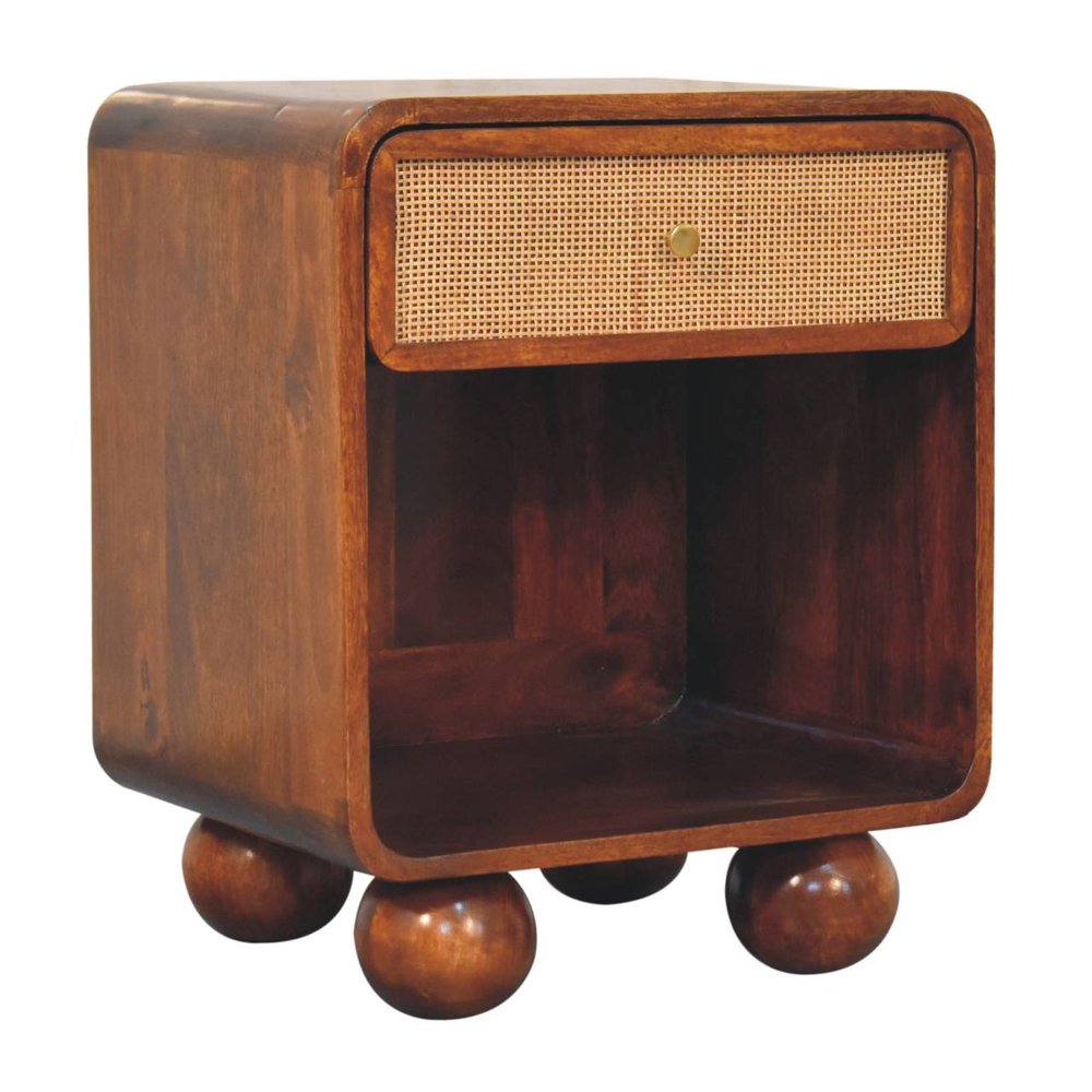 Chestnut Solid Wood Cane Rattan One Drawer Nightstand - 21-inch