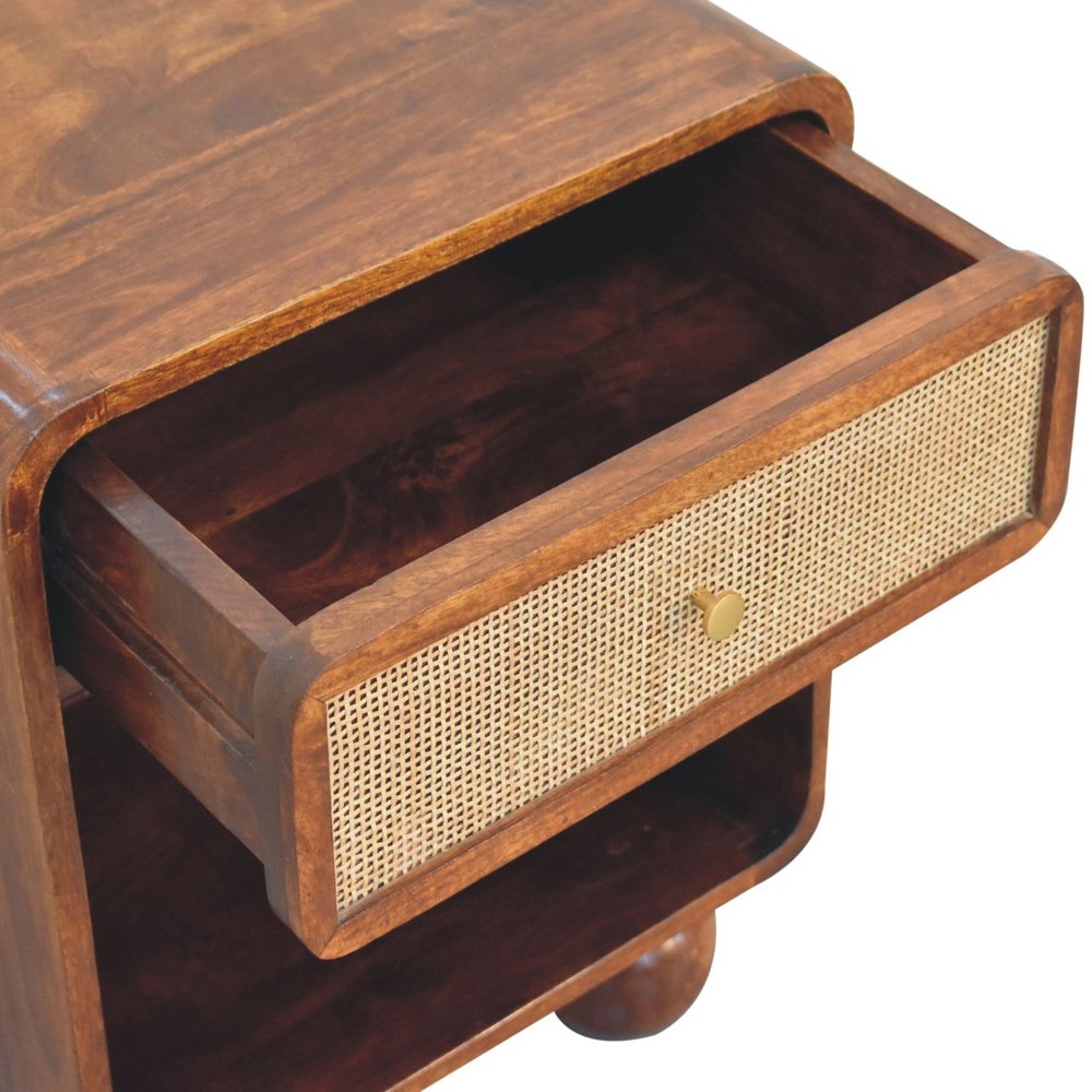 Chestnut Solid Wood Cane Rattan One Drawer Nightstand - 21-inch