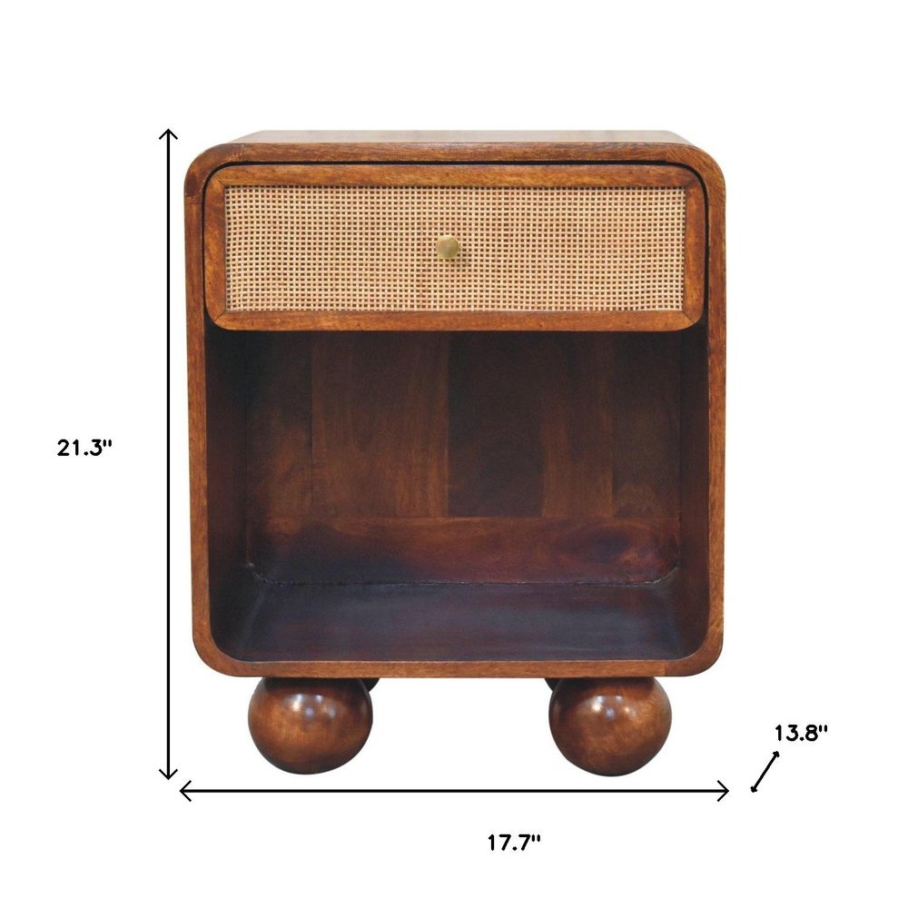 Chestnut Solid Wood Cane Rattan One Drawer Nightstand - 21-inch