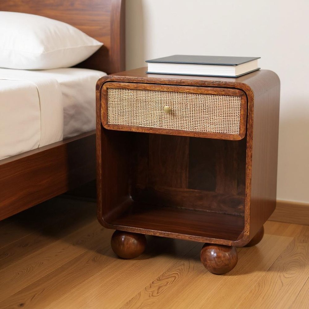 Chestnut Solid Wood Cane Rattan One Drawer Nightstand - 21-inch