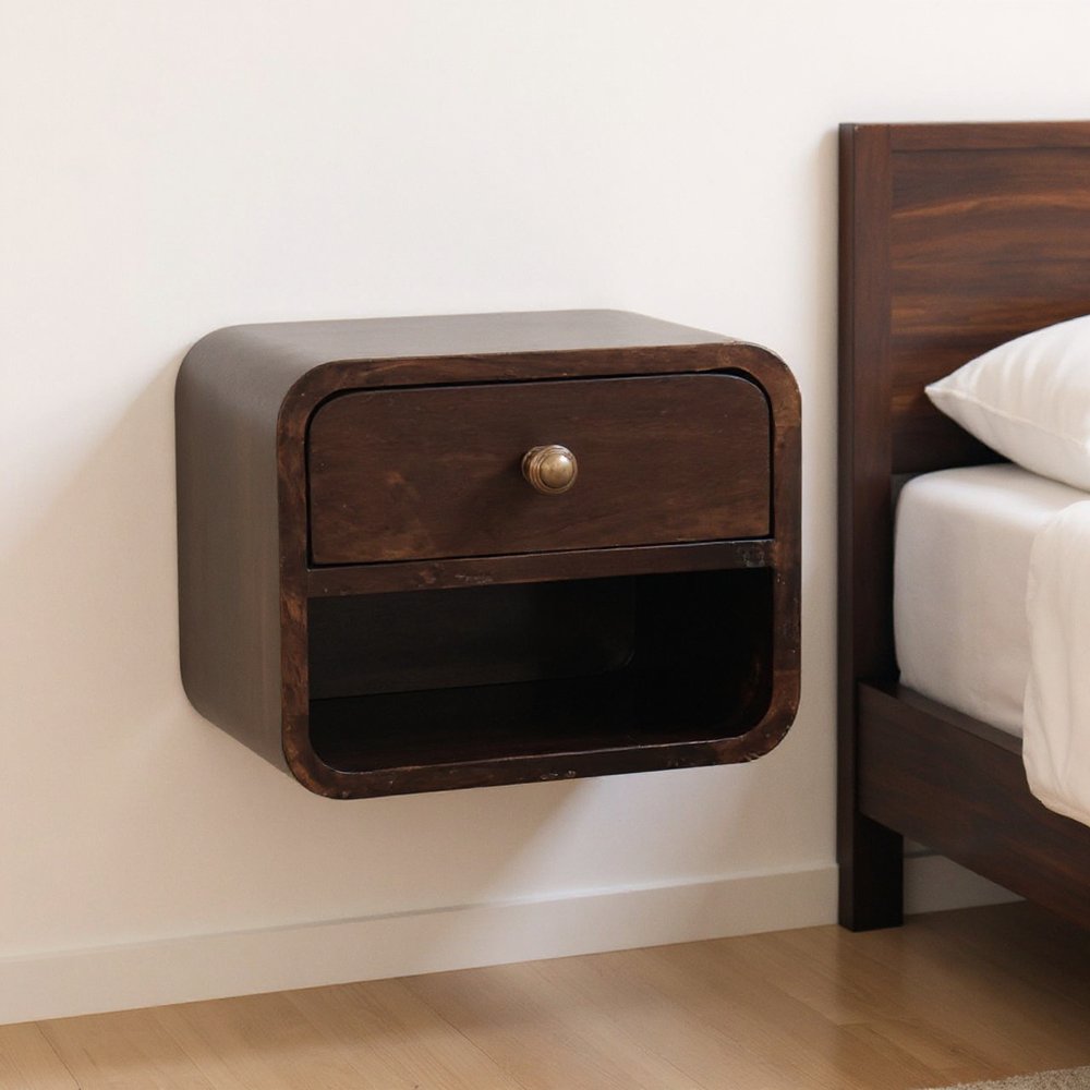 Walnut Solid Wood Round One Drawer Floating Nightstand - 16-inch