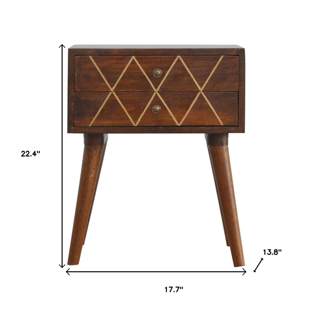 Chestnut Solid Wood Geometric Brass Inlay Two Drawer Nightstand - 22-inch