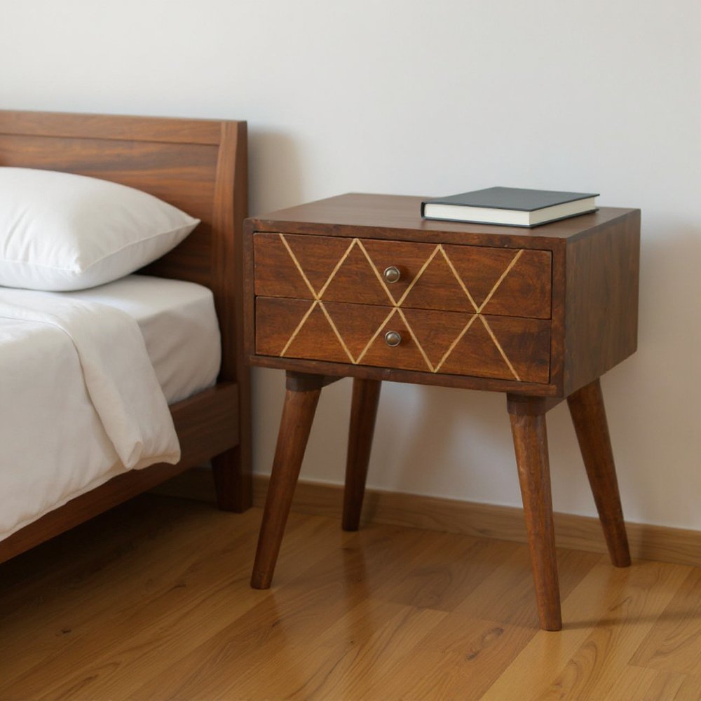 Chestnut Solid Wood Geometric Brass Inlay Two Drawer Nightstand - 22-inch