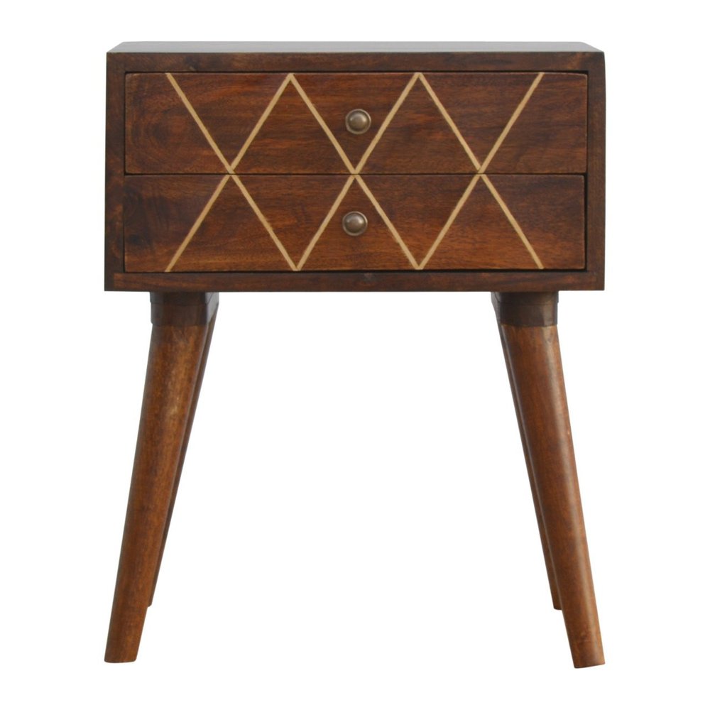Chestnut Solid Wood Geometric Brass Inlay Two Drawer Nightstand - 22-inch