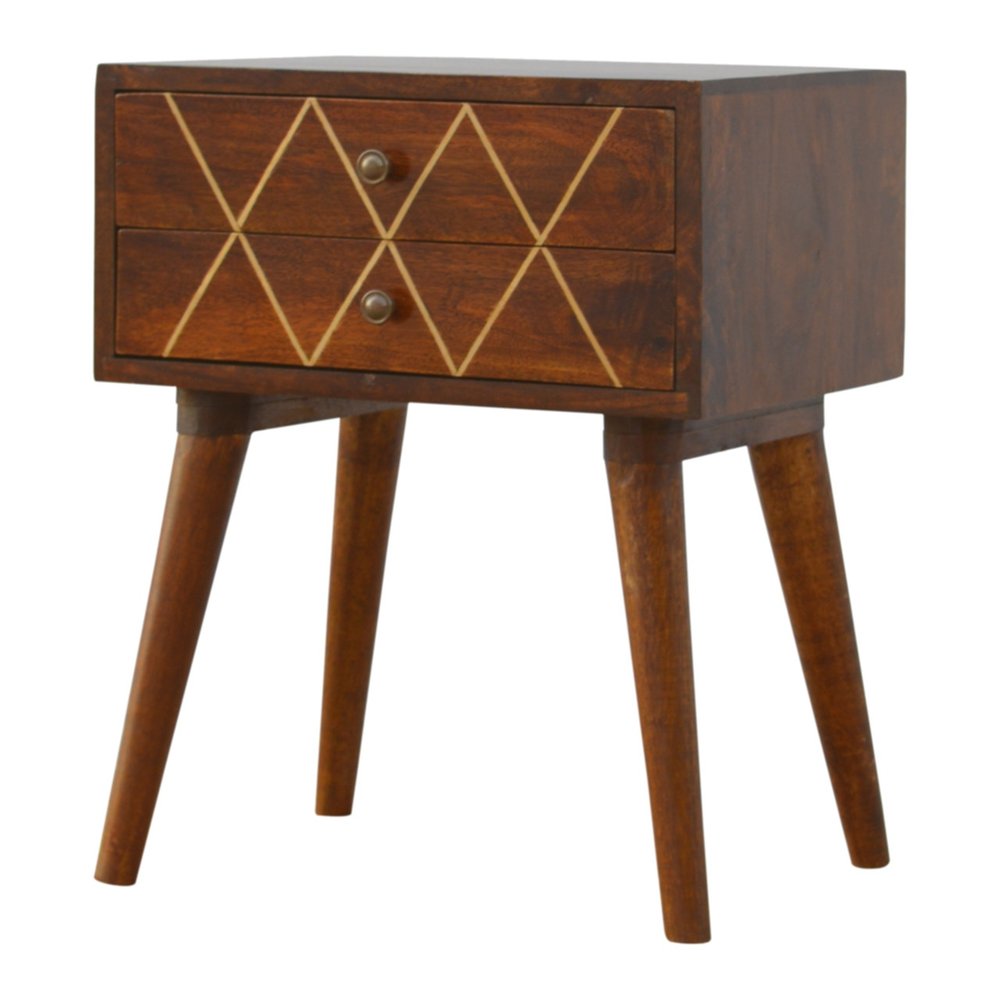 Chestnut Solid Wood Geometric Brass Inlay Two Drawer Nightstand - 22-inch