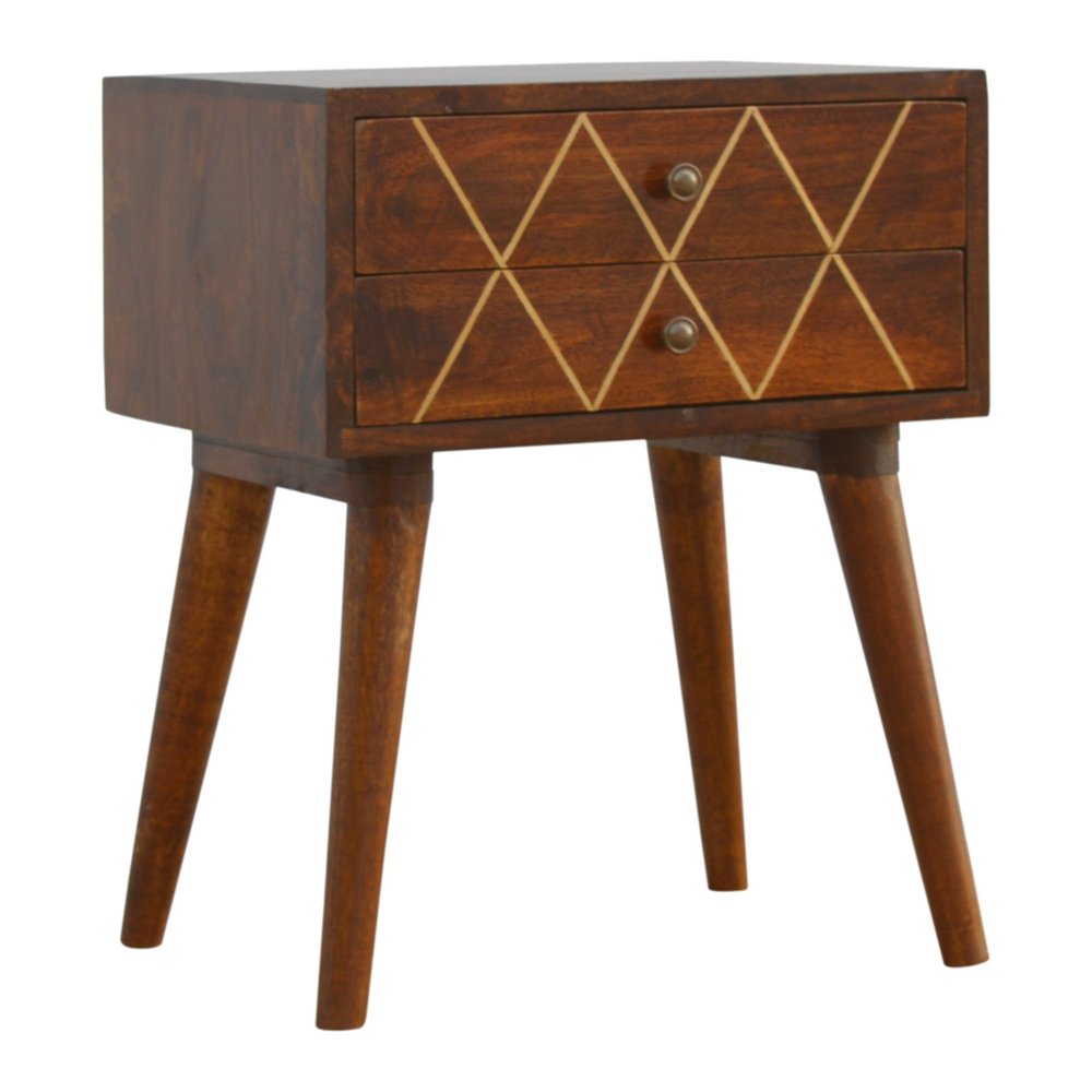 Chestnut Solid Wood Geometric Brass Inlay Two Drawer Nightstand - 22-inch