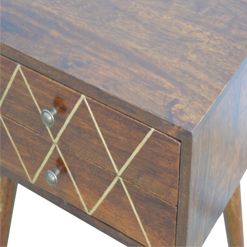 Chestnut Solid Wood Geometric Brass Inlay Two Drawer Nightstand - 22-inch