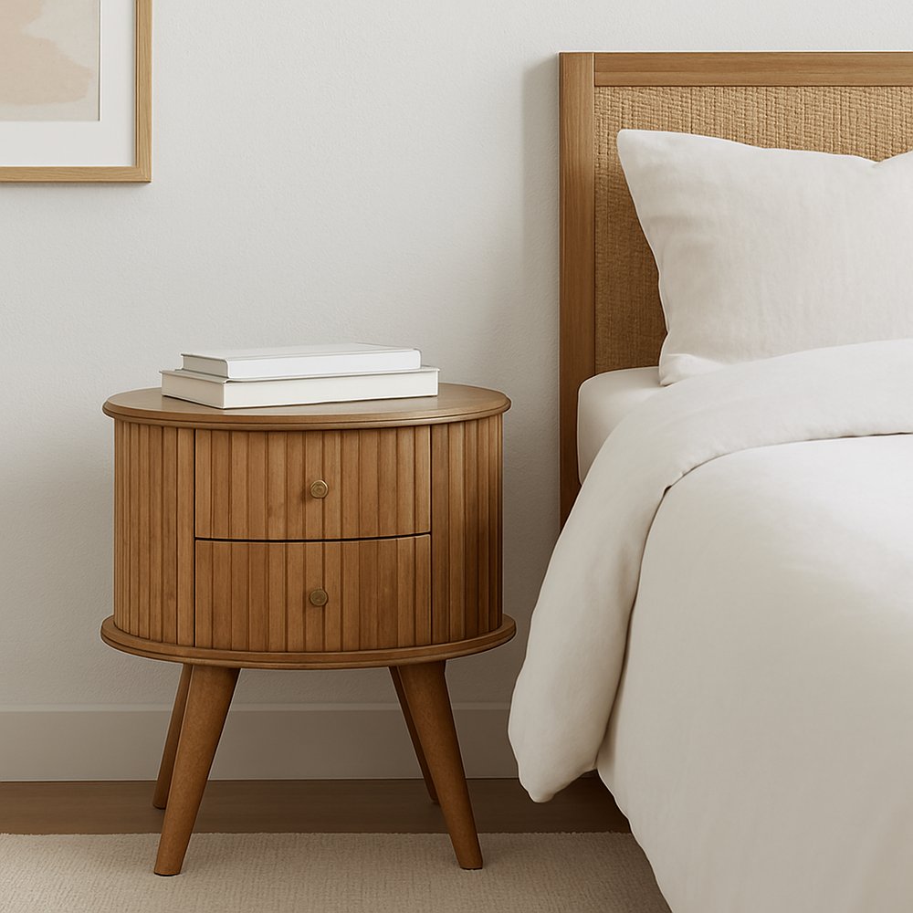 Natural Solid Wood Oval Ribbed Texture Two Drawer Nightstand - 20-inch