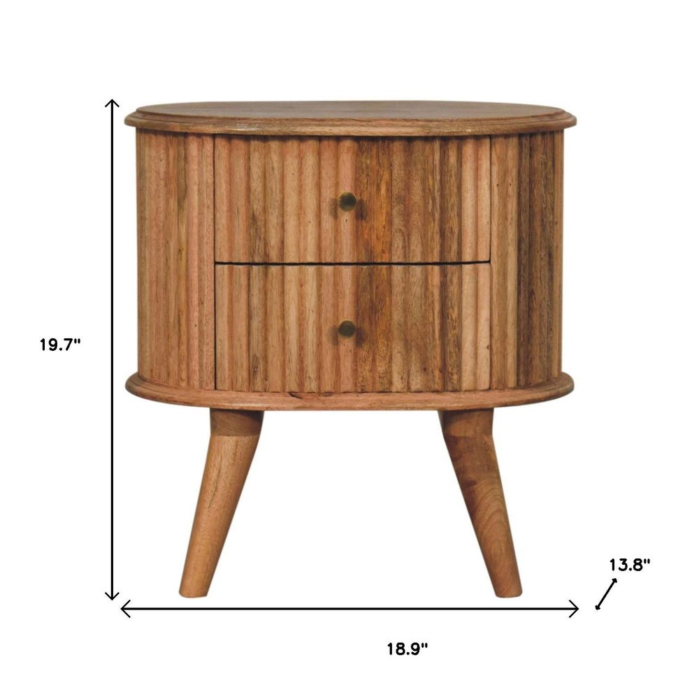 Natural Solid Wood Oval Ribbed Texture Two Drawer Nightstand - 20-inch