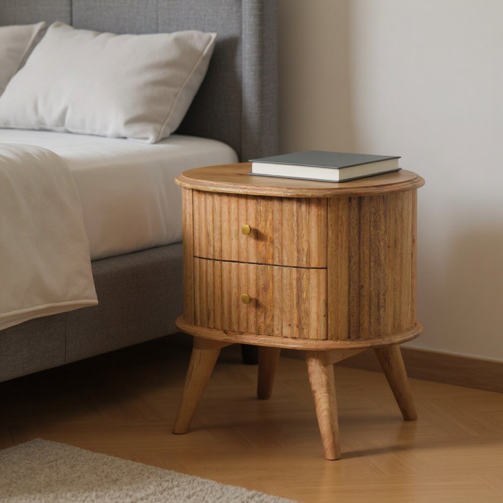 Natural Solid Wood Oval Ribbed Texture Two Drawer Nightstand - 20-inch