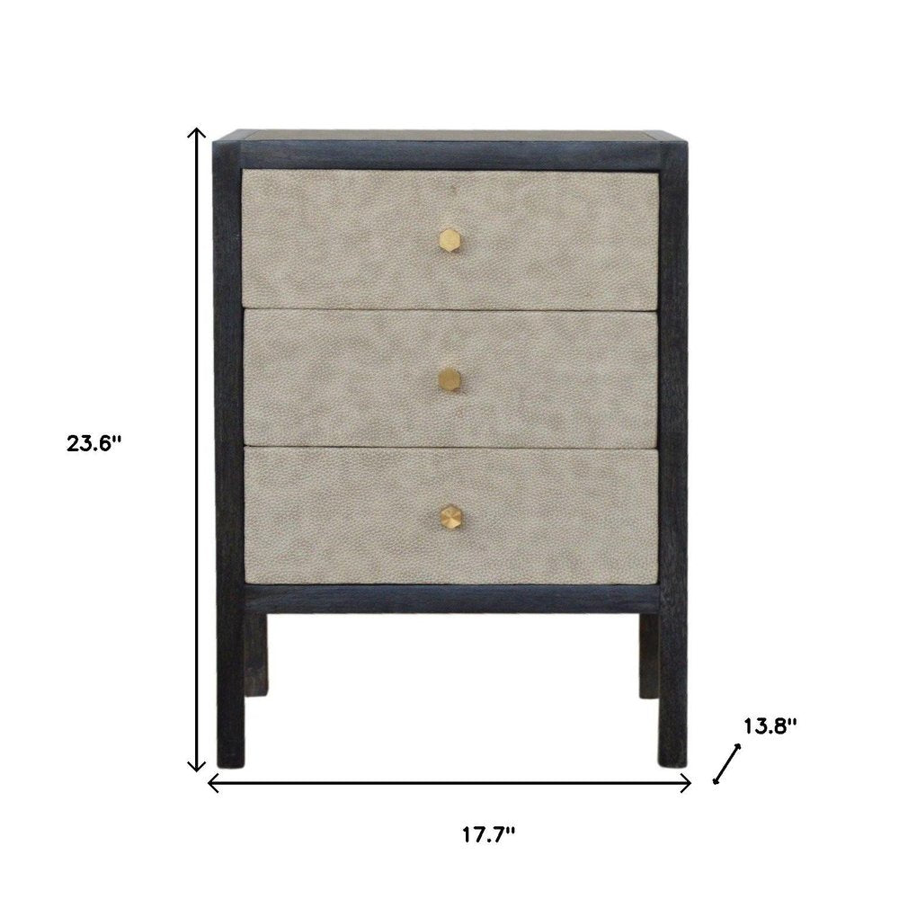 Gray and Black Solid Wood and Faux Shagreen Three Drawer Nightstand - 24-inch