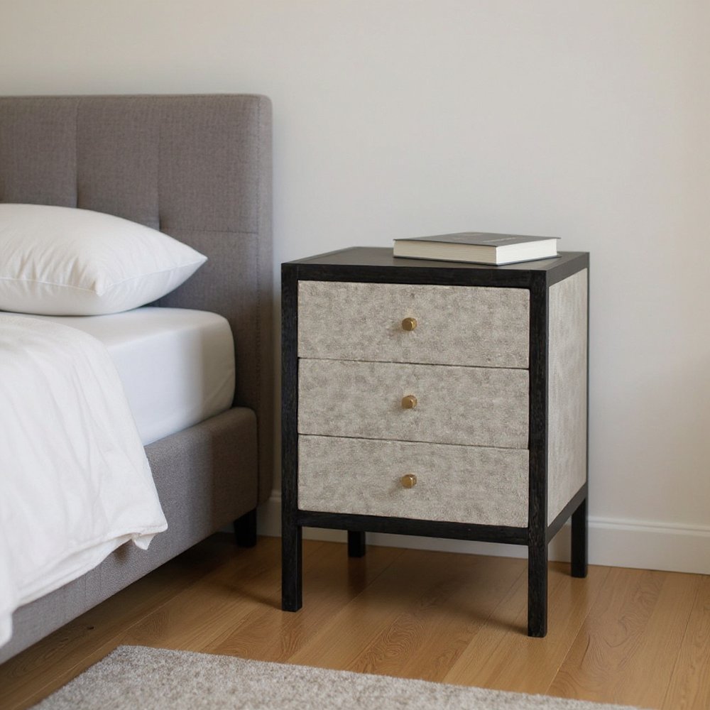 Gray and Black Solid Wood and Faux Shagreen Three Drawer Nightstand - 24-inch