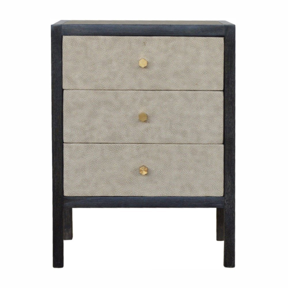 Gray and Black Solid Wood and Faux Shagreen Three Drawer Nightstand - 24-inch