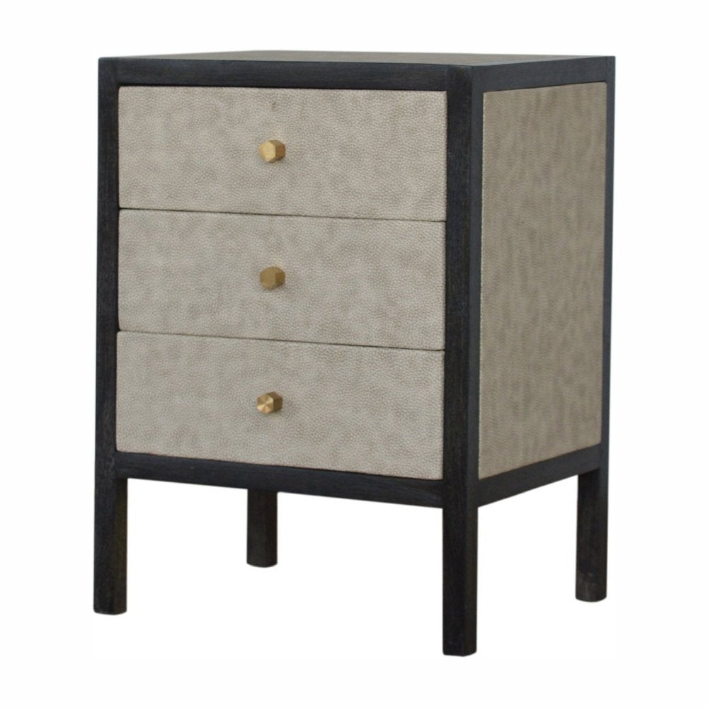 Gray and Black Solid Wood and Faux Shagreen Three Drawer Nightstand - 24-inch