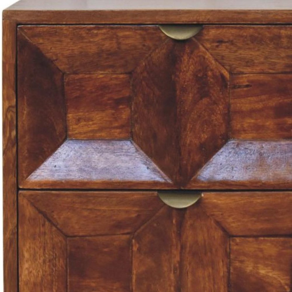 Chestnut Solid Wood Square Carved Geometric Two Drawer Nightstand - 24-inch