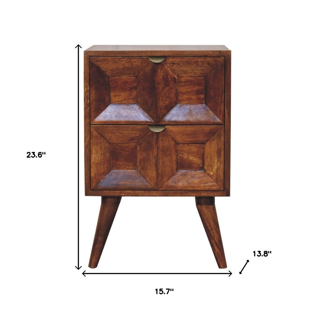 Chestnut Solid Wood Square Carved Geometric Two Drawer Nightstand - 24-inch