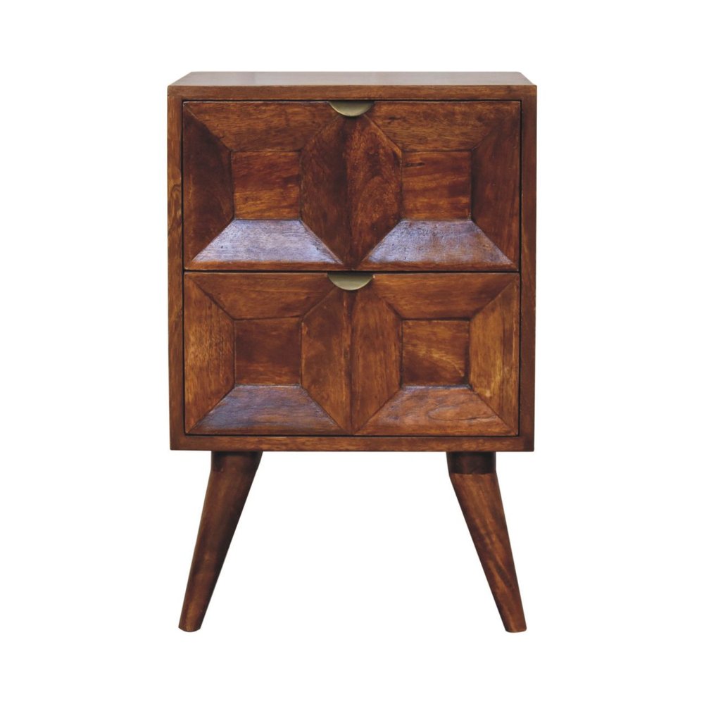 Chestnut Solid Wood Square Carved Geometric Two Drawer Nightstand - 24-inch
