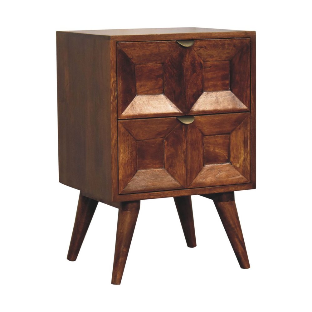 Chestnut Solid Wood Square Carved Geometric Two Drawer Nightstand - 24-inch
