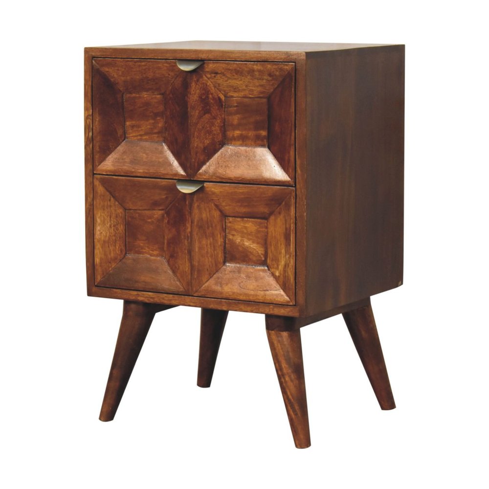 Chestnut Solid Wood Square Carved Geometric Two Drawer Nightstand - 24-inch