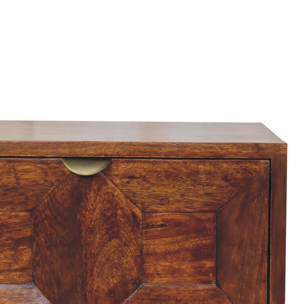 Chestnut Solid Wood Square Carved Geometric Two Drawer Nightstand - 24-inch