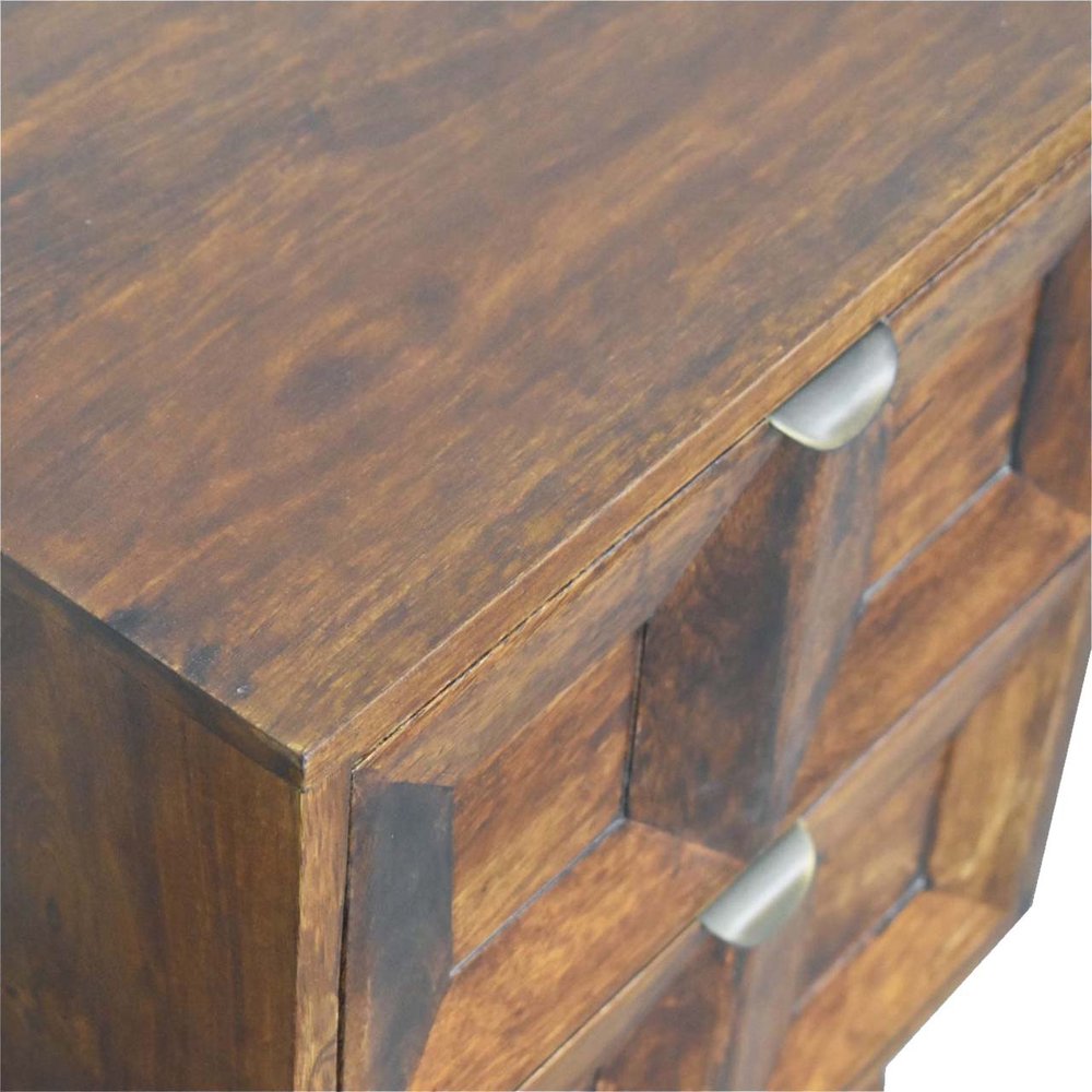 Chestnut Solid Wood Square Carved Geometric Two Drawer Nightstand - 24-inch