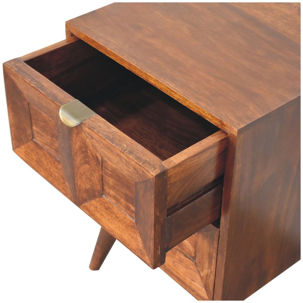 Chestnut Solid Wood Square Carved Geometric Two Drawer Nightstand - 24-inch