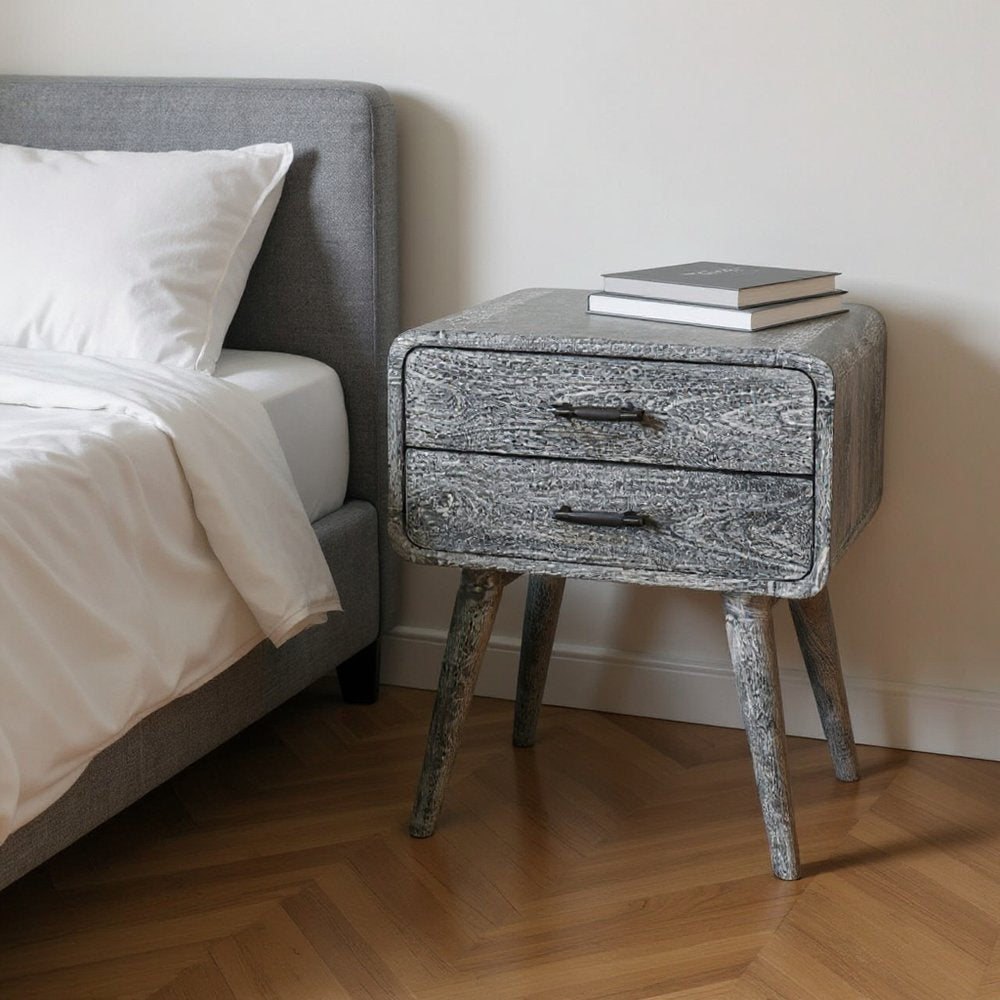Gray Solid Wood Distressed Two Drawer Nightstand - 22-inch