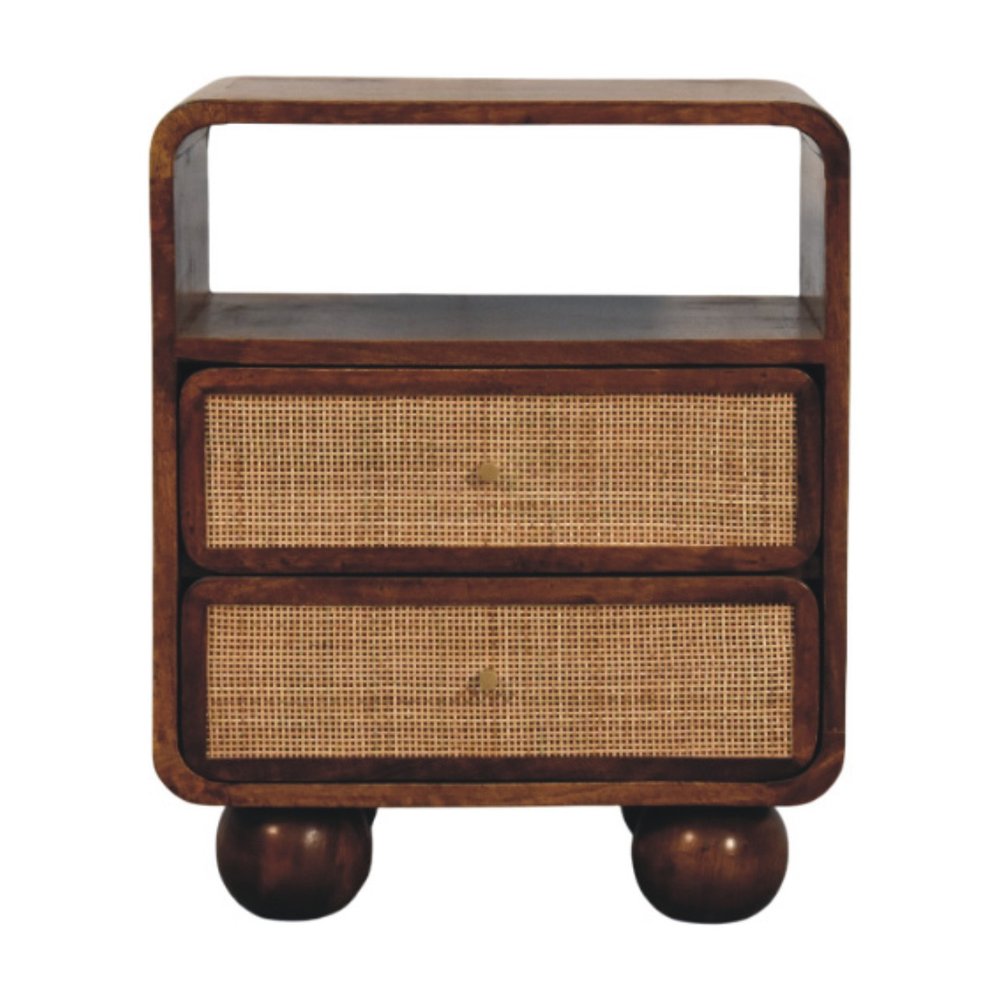 Chestnut and Natural Solid Wood Cane Rattan Two Drawer Nightstand - 22-inch