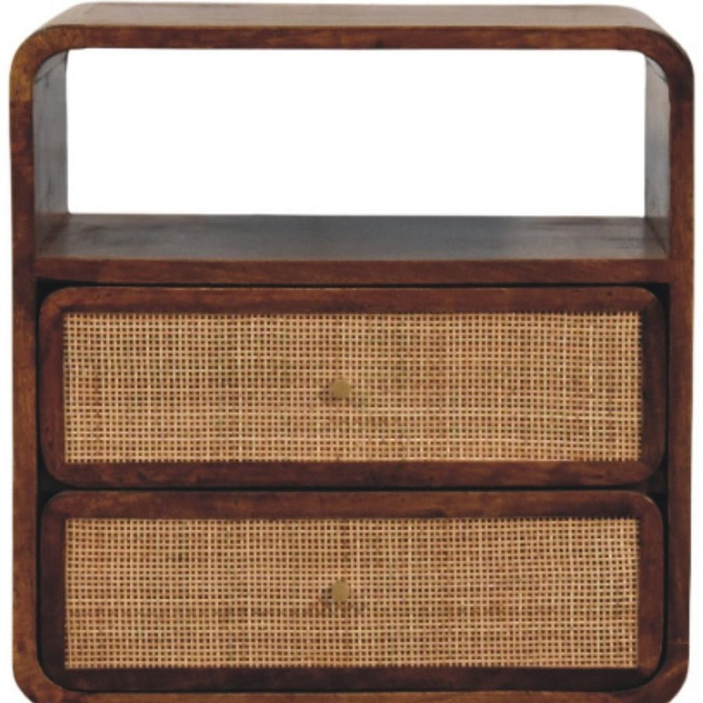 Chestnut and Natural Solid Wood Cane Rattan Two Drawer Nightstand - 22-inch