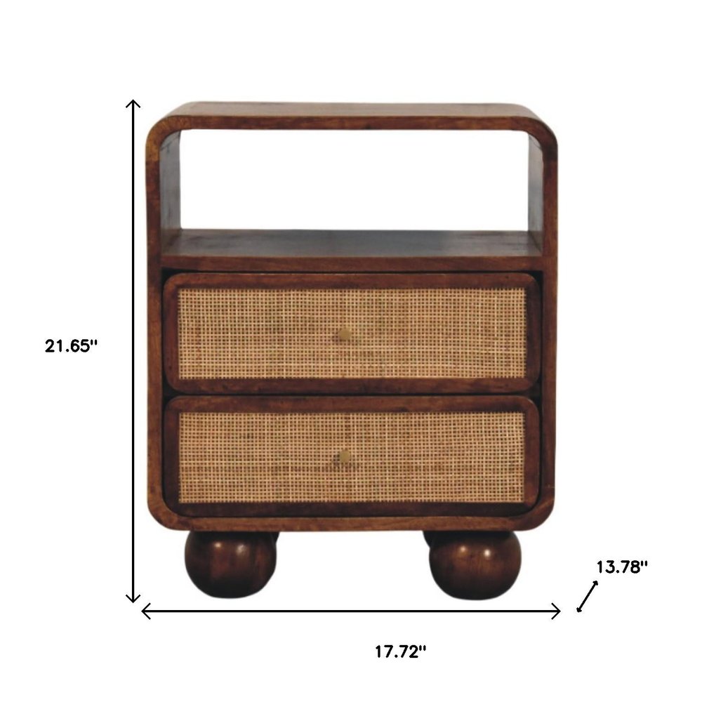 Chestnut and Natural Solid Wood Cane Rattan Two Drawer Nightstand - 22-inch
