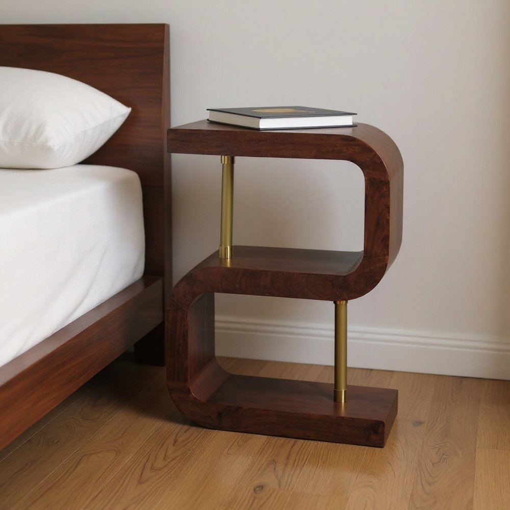 Chestnut and Gold Solid Wood Curved Nightstand - 24-inch
