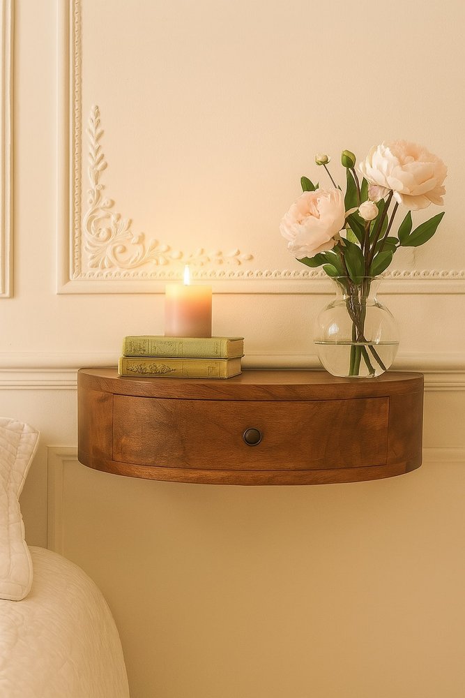 Brown Solid Wood Round One Drawer Floating Nightstand - 16-inch
