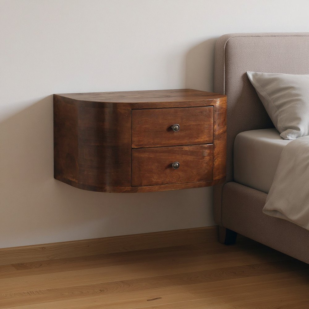 Brown Solid Wood Round Two Drawer Floating Nightstand - 18-inch