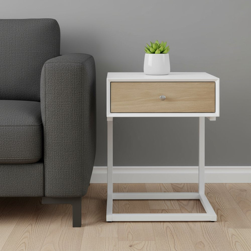 White and Natural Wood and Steel End Table with Drawer and USB Port