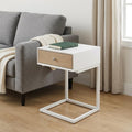 White and Natural Wood and Steel End Table with Drawer and USB Port
