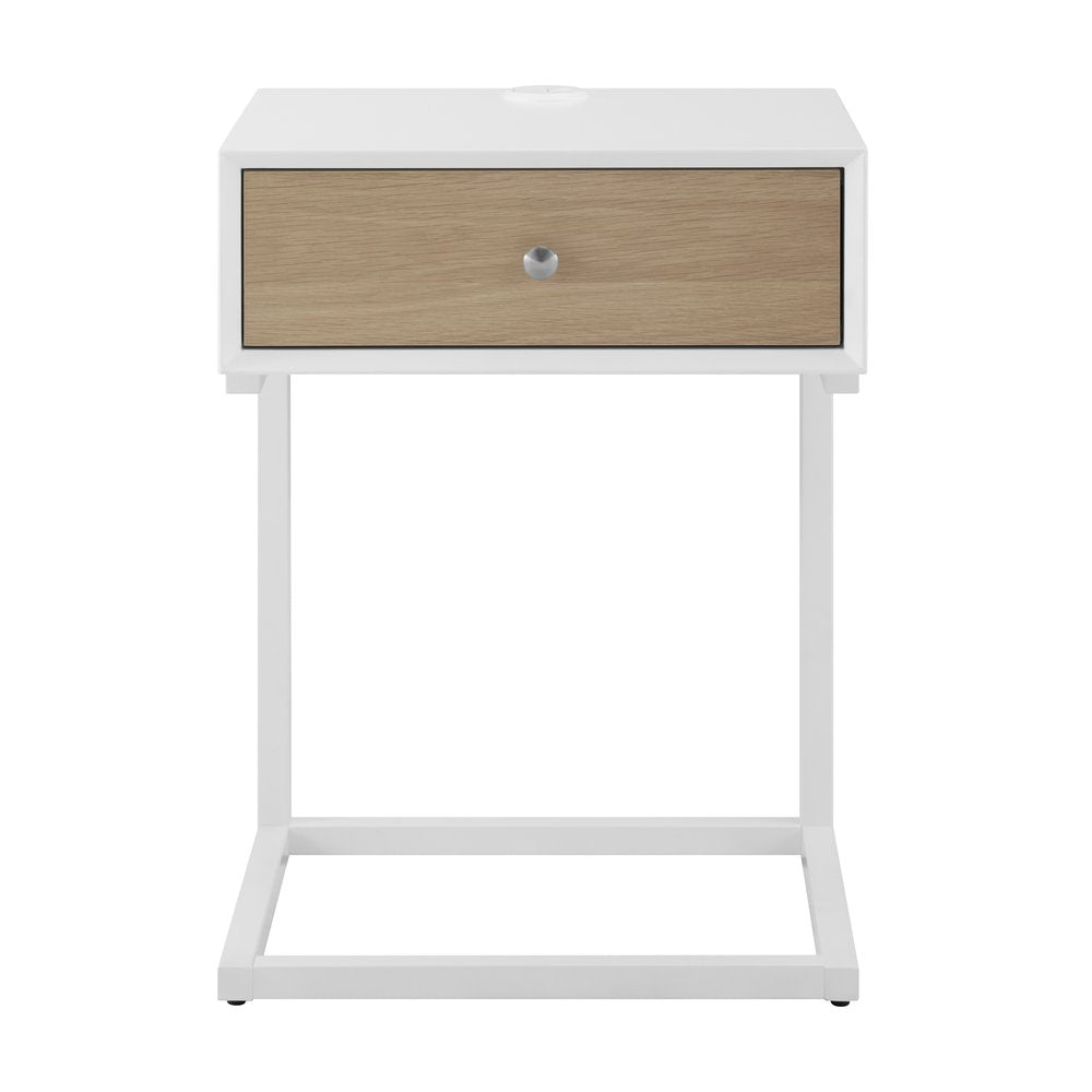White and Natural Wood and Steel End Table with Drawer and USB Port