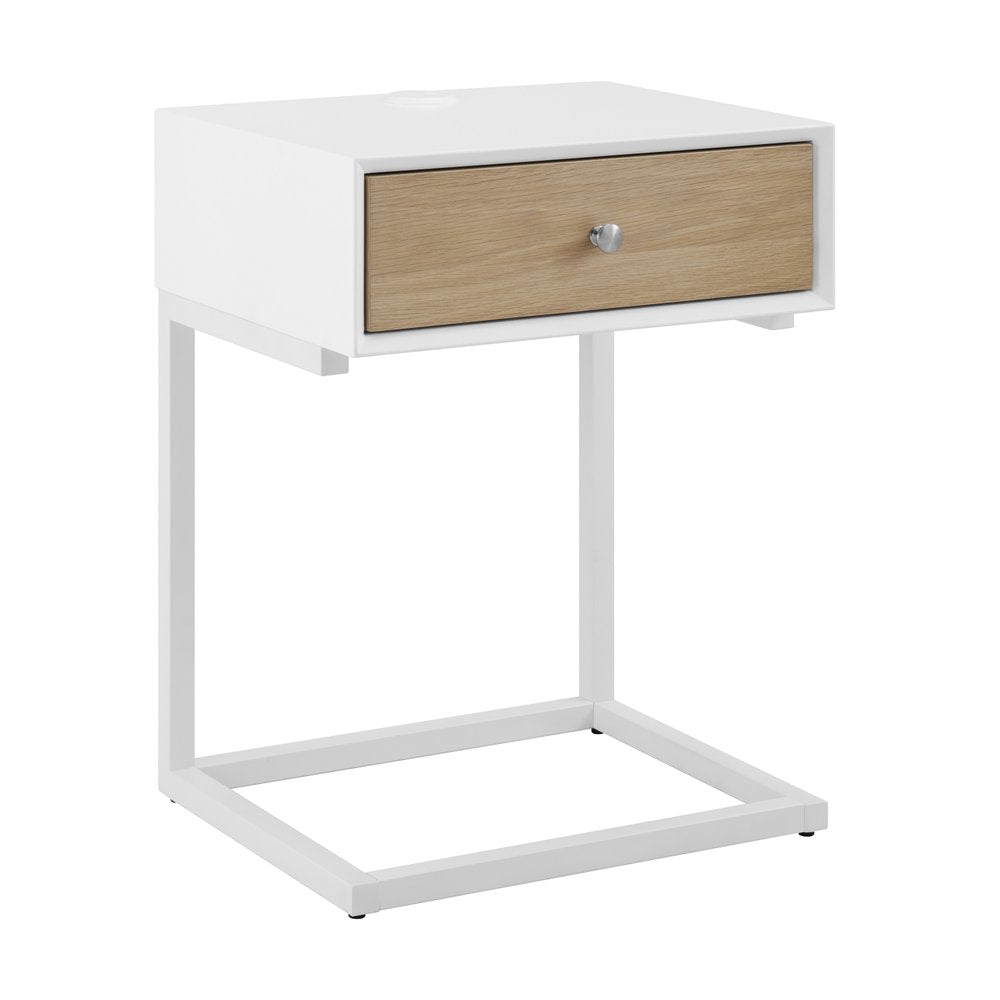 White and Natural Wood and Steel End Table with Drawer and USB Port