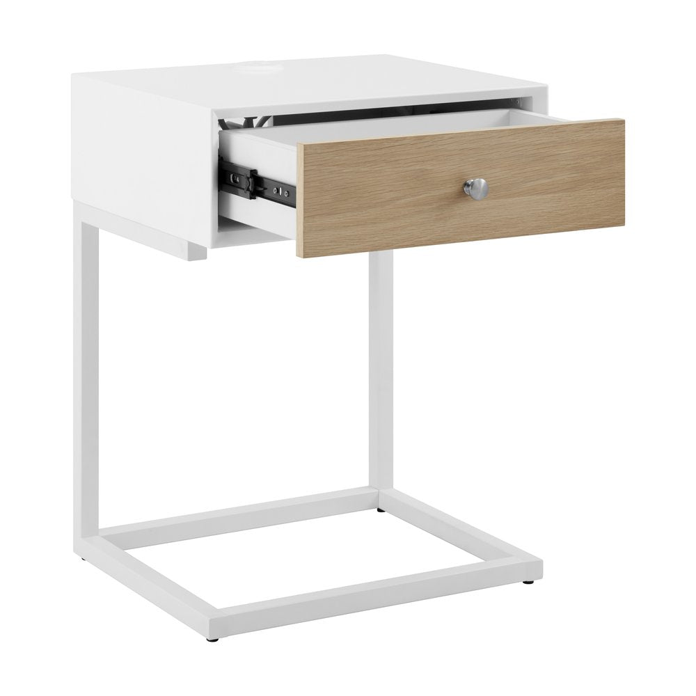 White and Natural Wood and Steel End Table with Drawer and USB Port