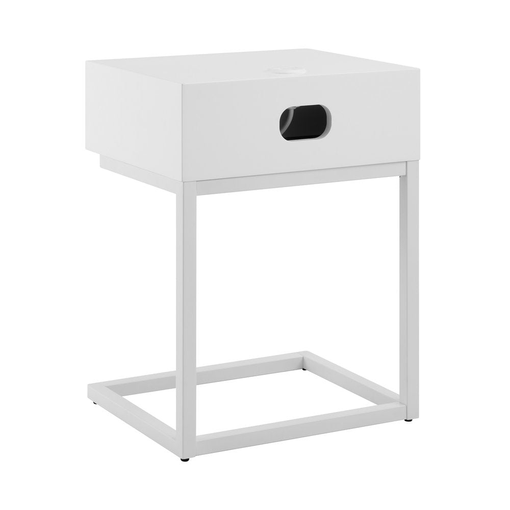 White and Natural Wood and Steel End Table with Drawer and USB Port