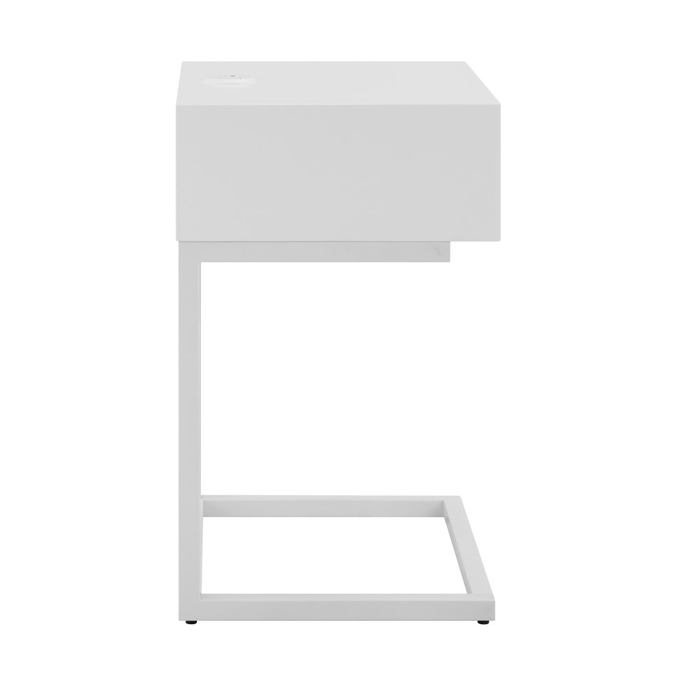 White and Natural Wood and Steel End Table with Drawer and USB Port