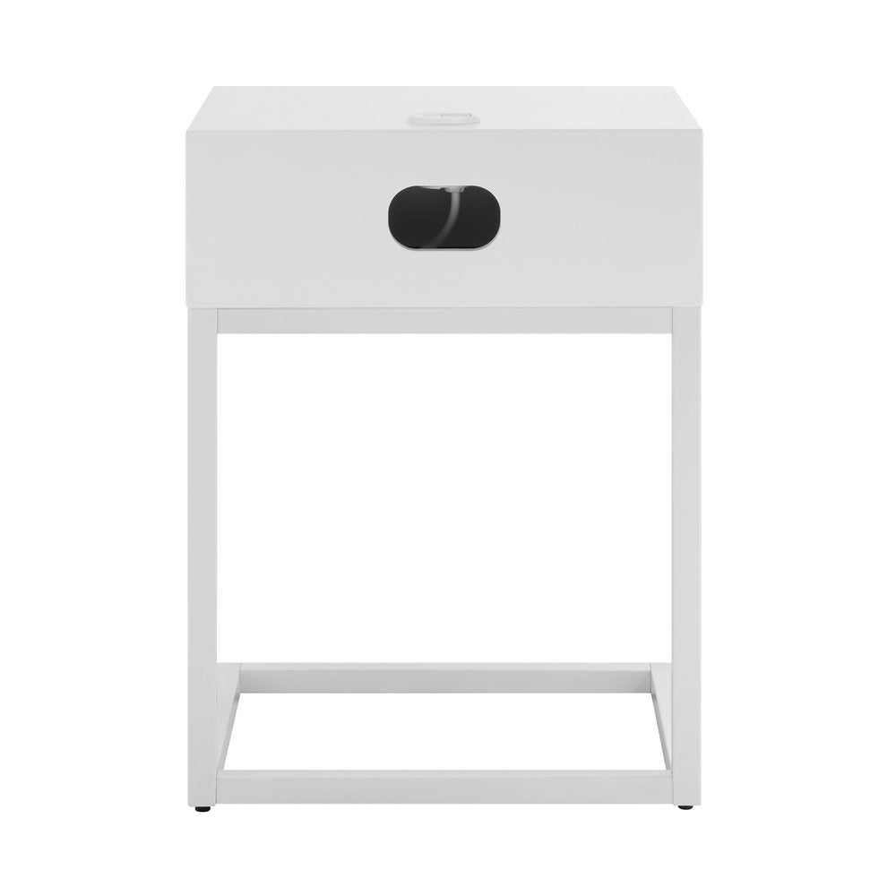White and Natural Wood and Steel End Table with Drawer and USB Port