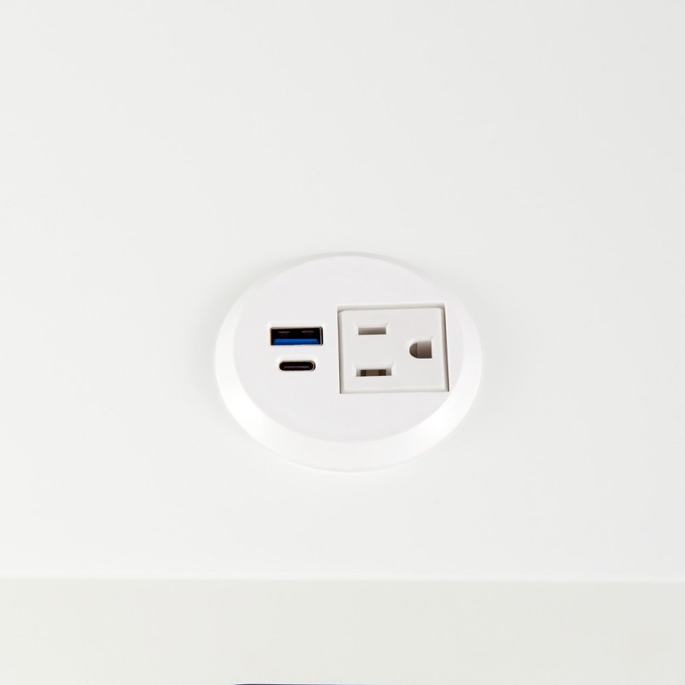 White and Natural Wood and Steel End Table with Drawer and USB Port