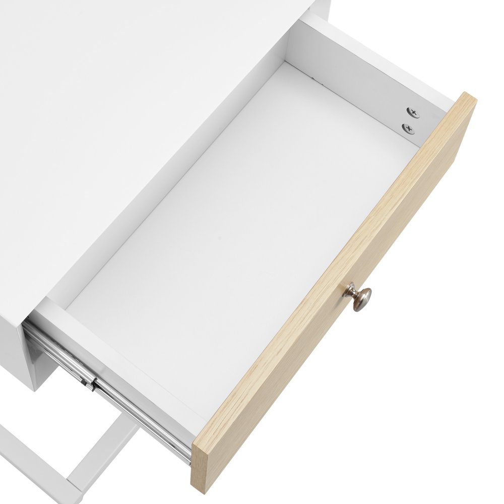White and Natural Wood and Steel End Table with Drawer and USB Port