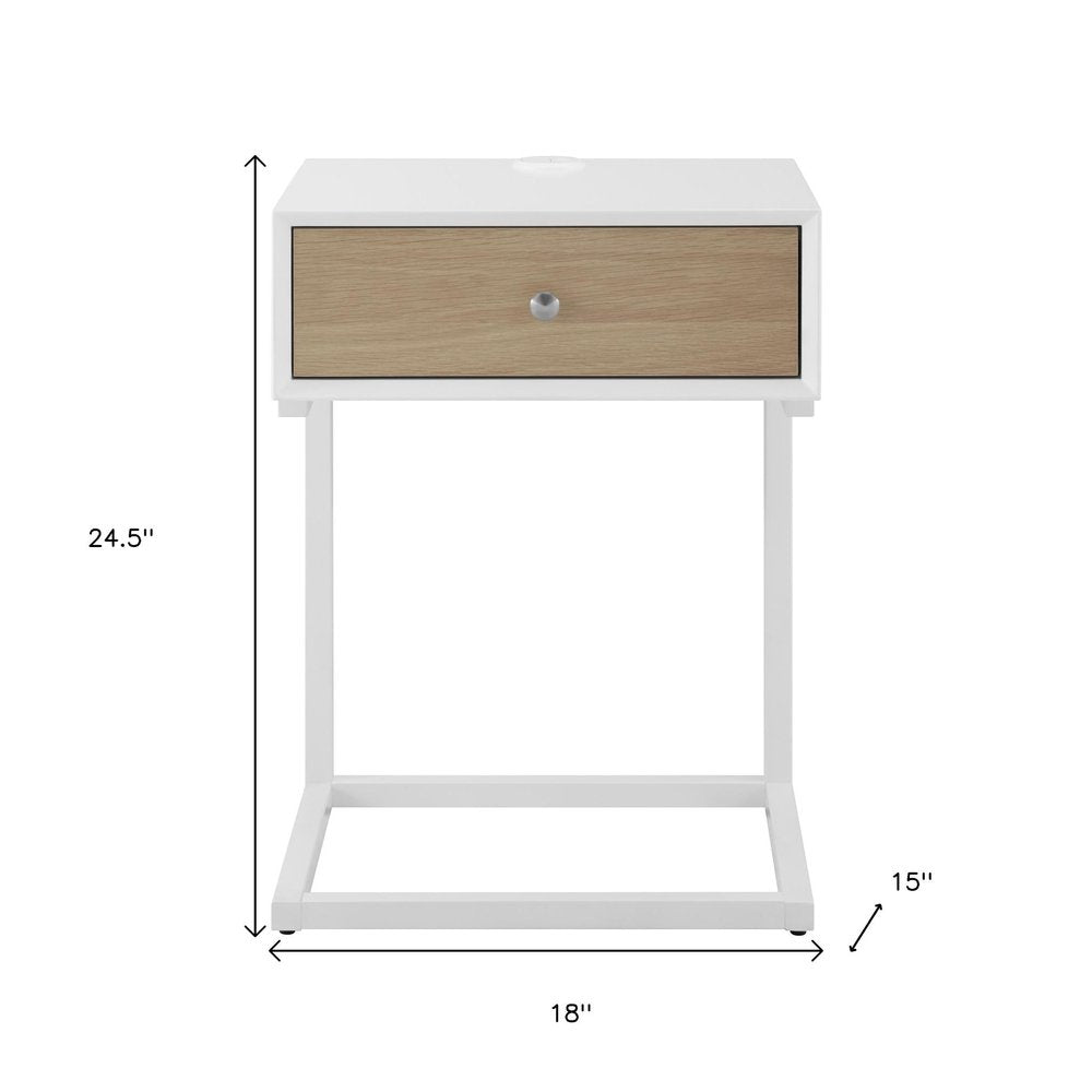 White and Natural Wood and Steel End Table with Drawer and USB Port