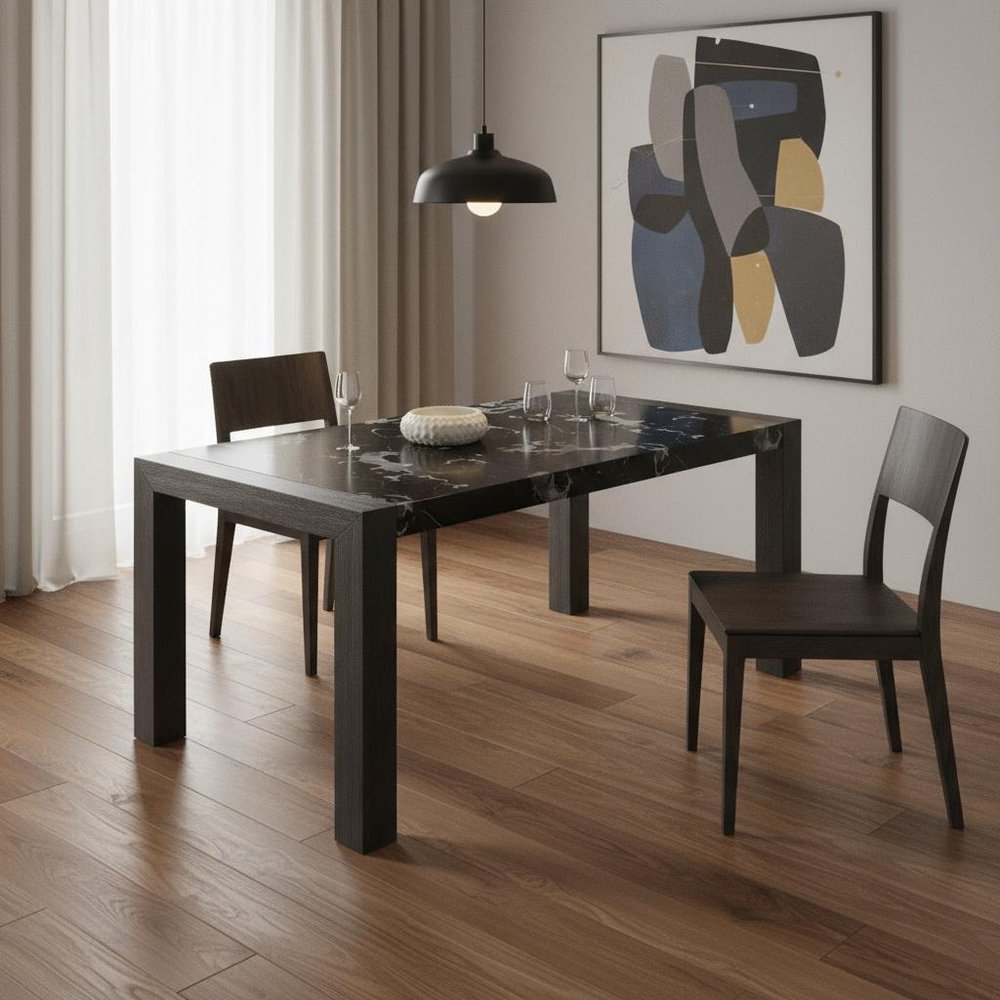 Black Faux Marble and Wood Dining Table - 68-inch